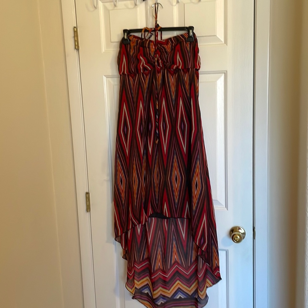Red strapless or halter high low dress